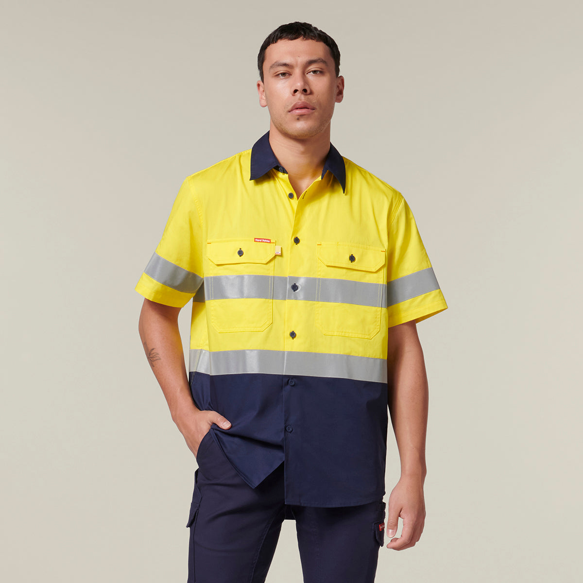 Hard Yakka Core Mens Short Sleeve Hi Vis 2 Tone Taped Vented Shirt